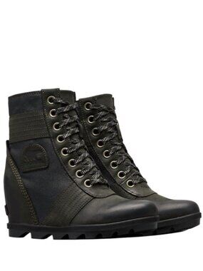 Sorel Women's Black Navy Lexie Classic Wedge Leather Winter Snow Boots Size 7